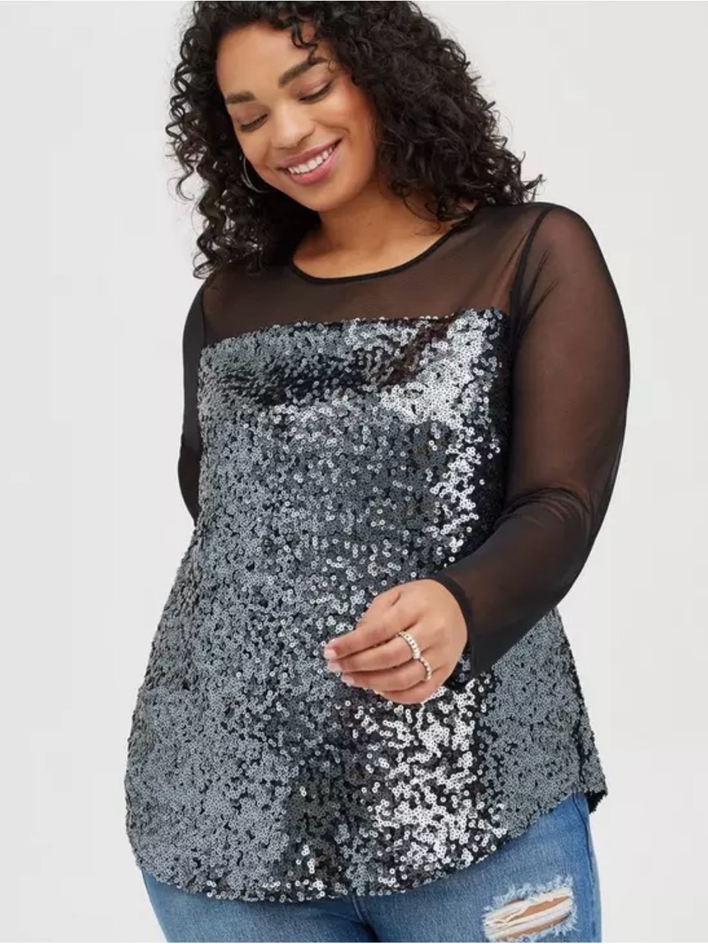 torrid Black Mesh Top with Silver Sequined Front